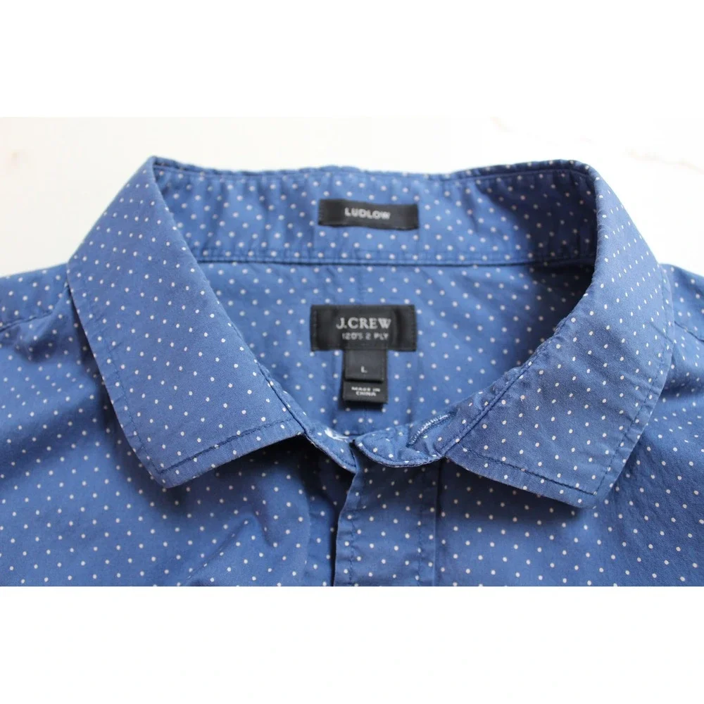 J.Crew Ludlow Mens Large Blue Shirt White Polka Dot 120s 2-Ply Cotton 07124‎